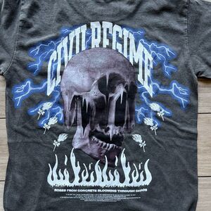 Mens Civil Regime SM Electric Rush Grey Vintage Wash T-Shirt Skull & Flames